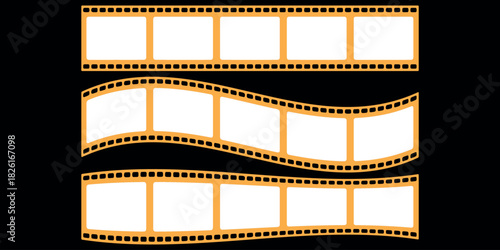 Film strip vector illustration set. Retro cinema movie filmstrip design. Vintage 35mm negative celluloid tape frame. Photography video border element collection. Old movie reel. 