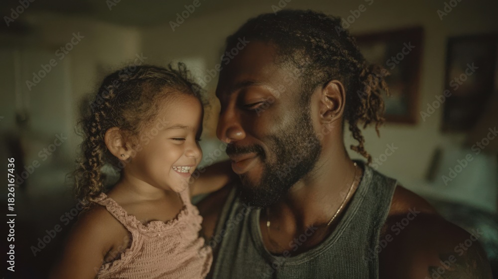 Obraz premium Father Lifting Giggling Daughter in Modern Bedroom