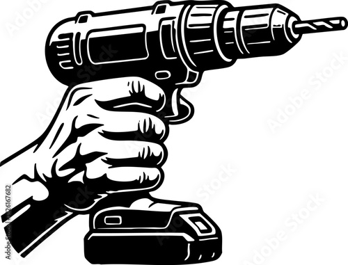 Hand Holding Cordless Power Drill Black And White.eps