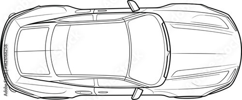 Technical Flat Drawing of Sports Car, Top View Automotive Design CAD Outline, Modern Vehicle Transport Engineering Vector Illustration