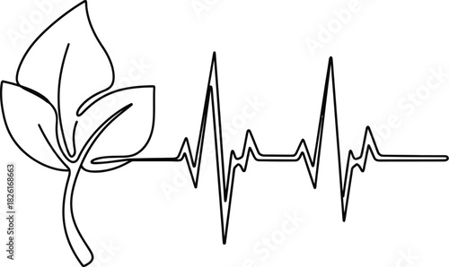 Minimalist line art showing a leaf connected to an electrocardiogram heartbeat line
