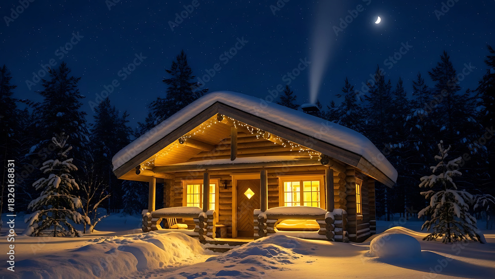 Fototapeta premium Snow-covered cabin glowing with warm lights on a peaceful winter night 