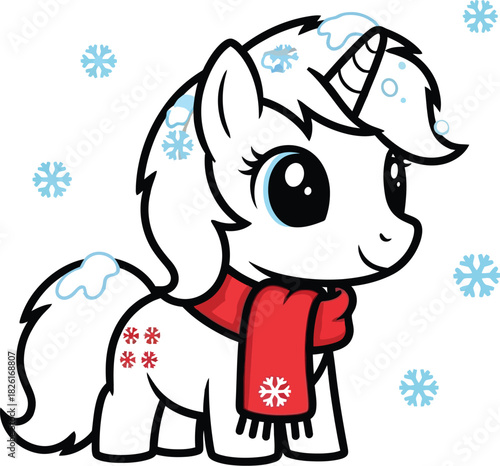 Cute cartoon unicorn wearing a red scarf surrounded by snowflakes in winter time