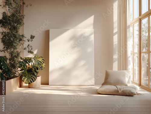 Indoor Plant Setting with Blank Canvas and Sunlight Shining Through Window