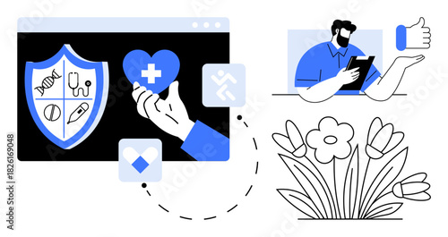 Heart held in hand with medical cross, shield displaying health icons, man giving thumbs-up, flowers symbolizing wellness and nature. Ideal for healthcare, insurance, wellness tools, digital