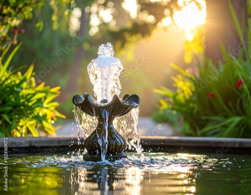 Fountain of water with a sunny background, a beautiful garden
