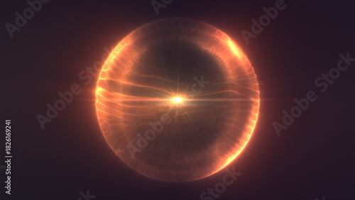 Shining golden plasma sphere with fluid light patterns and warm radiant energy floating in darkness