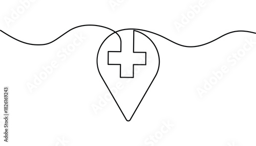 Simple one line art location pin ecg  and medical cross continuous drawing