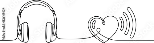 Continuous line drawing of headphones connected to a heart with sound waves