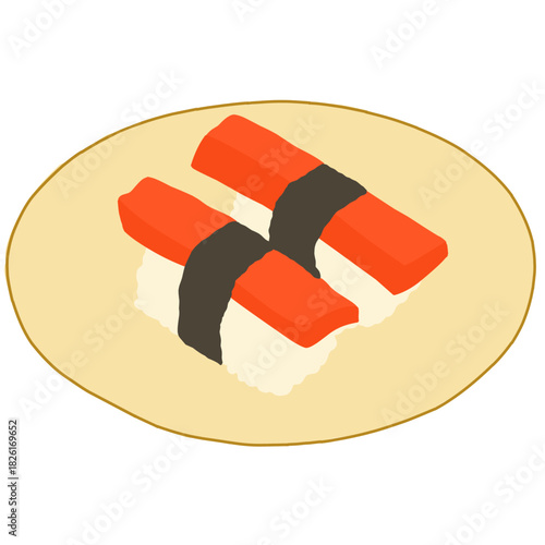Two pieces of classic Kani Nigiri (crab stick sushi) are elegantly presented on a simple