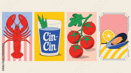 Four colorful graphic illustrations featuring seafood, drink, and produce