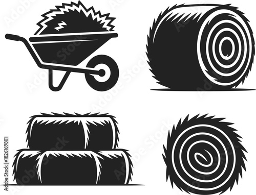 Set of Four Farm Hay Icons, Wheelbarrow and Hay Bale Silhouettes, Agriculture Harvest Rural Feed Symbols Monochrome Vector Graphic Collection