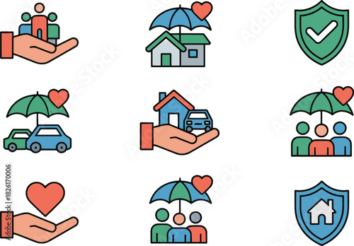 Set of colorful insurance and protection concept icons isolated on