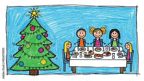 child's crayon drawing of a Christmas dinner and christmas tree, naive art style, scrawled lines, whimsical and cute. Stick figure family, crooked star on tree. Black crayon texture on white paper.