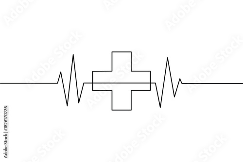 Simple one line art medical cross and ecg rhythm continuous drawing
