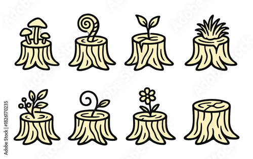Nature symbols: creative tree stumps with mushrooms, leaves, and flowers on yellow background