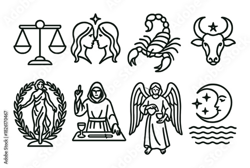 Black and white zodiac and spiritual symbols on dark background