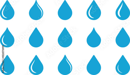 Fifteen blue water drop icons arranged in three rows isolated on