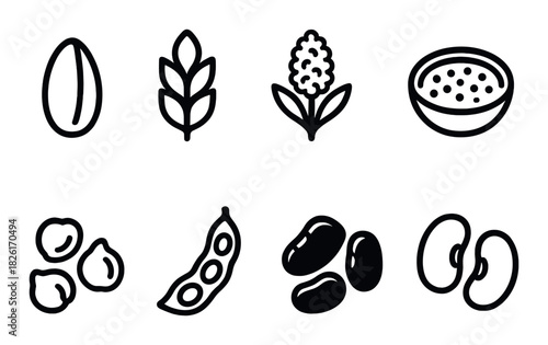 Outlined seeds and grains icons: nuts, wheat, vegetables, and beans