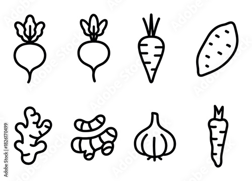 Black line icons of root vegetables: beets, carrots, sweet potatoes, ginger, garlic
