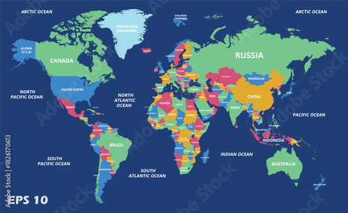 Colorful World Map with Vibrant Continents and Country Labels for Education, Geography Learning, Travel Planning, Classroom Posters, Global Studies, and Informative Visual Reference