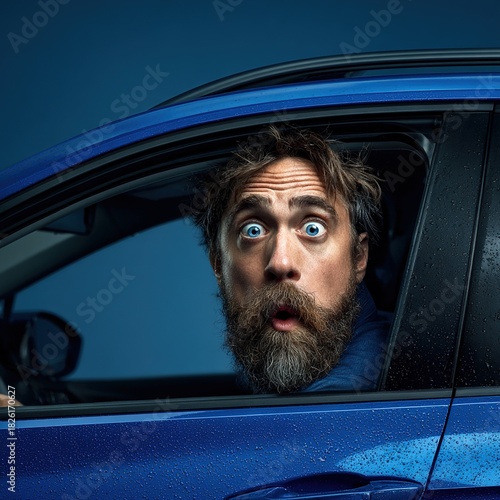 Man driver looking surprised and shocked in car