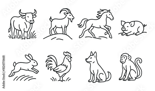 Chinese zodiac animals: bull goat horse pig rabbit rooster dog monkey illustrations