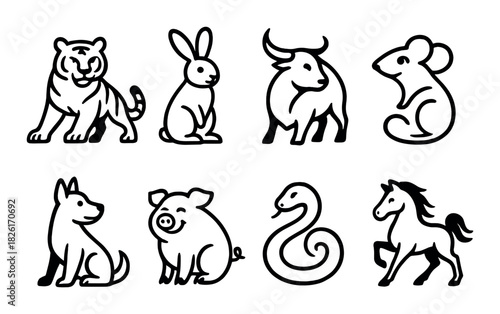Silhouettes of zodiac animals: tiger, rabbit, ox, rat, dog, pig, snake, horse