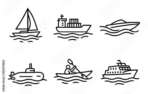 Outline illustrations of various sea vessels on black background