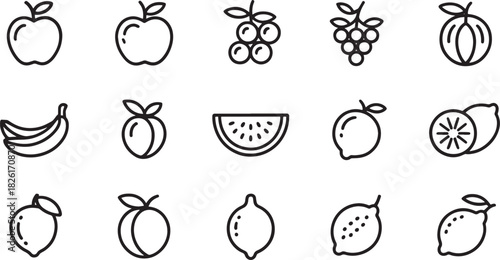 Collection of line art icons representing various fresh fruits in a grid