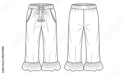 Wide leg drawstring pants with tassel tie and ruffled hem fashion template, front and back vector flat sketch garment illustration design