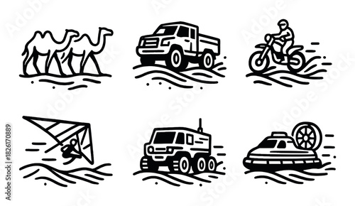 Camel, suv, motorcycle, hang glider, atv, hovercraft icons on desert background