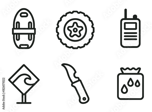 Outdoor adventure icons set featuring canoe, tire, radio, sign, knife, and water bag