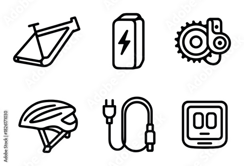 Electric bicycle parts icons: frame, battery, gear, helmet, charger, display