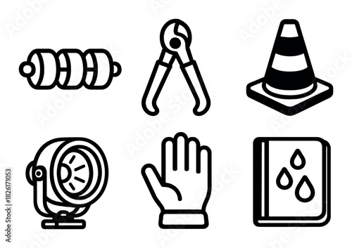 Safety and construction tools icons: helmet, pliers, cone, spotlight, glove, manual