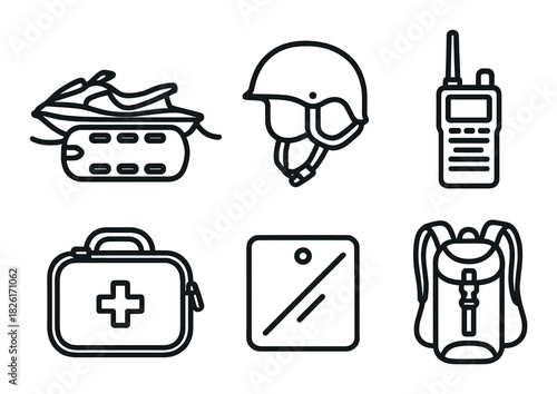 Set of six survival icons: helmet, backpack, radio, first aid kit, boat, tile