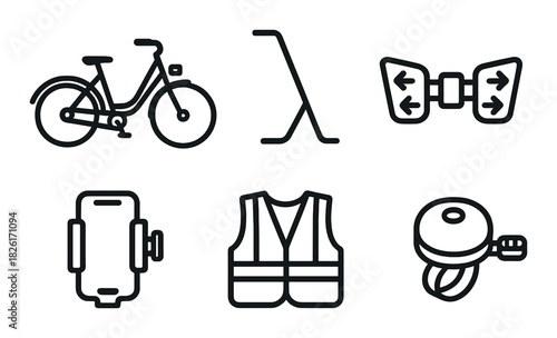 Bicycle symbols: bike, stand, handlebar, phone holder, safety vest, bell icons on black background