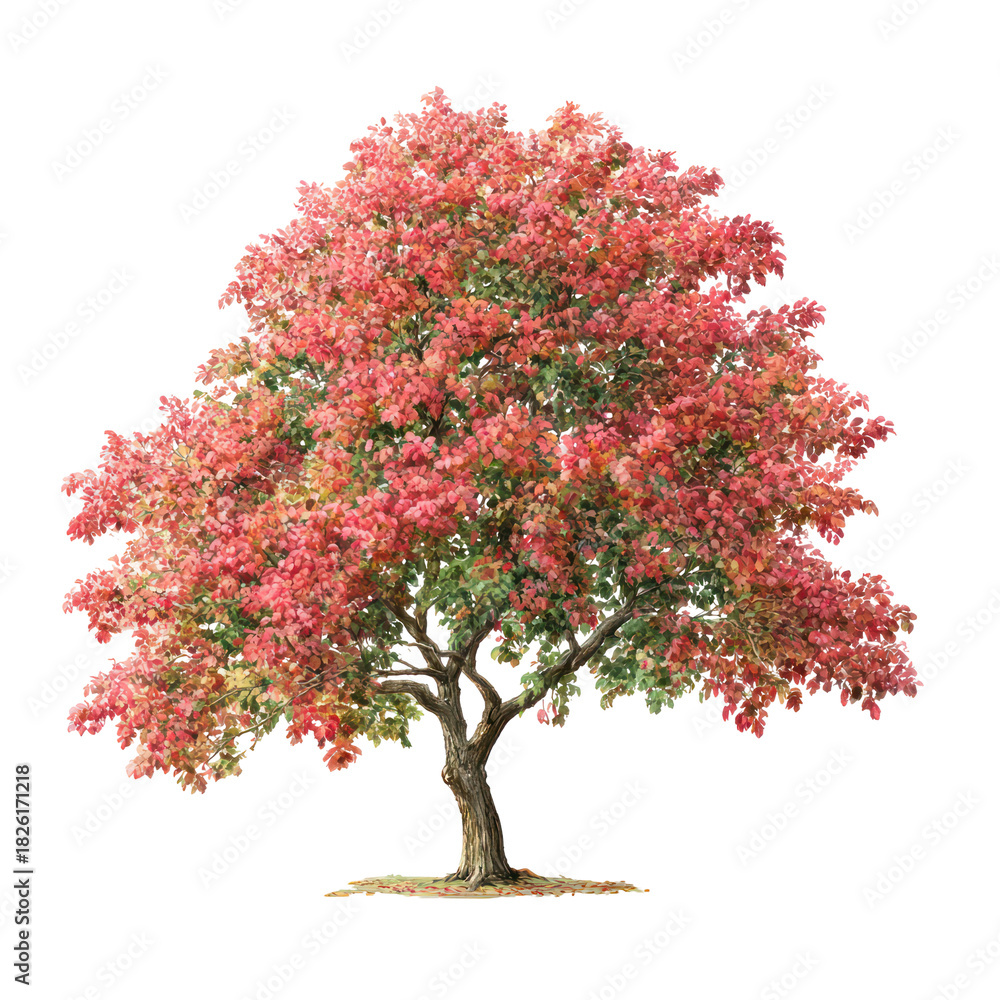 Fototapeta premium Vibrant autumn tree with red and green leaves isolated on transparent background