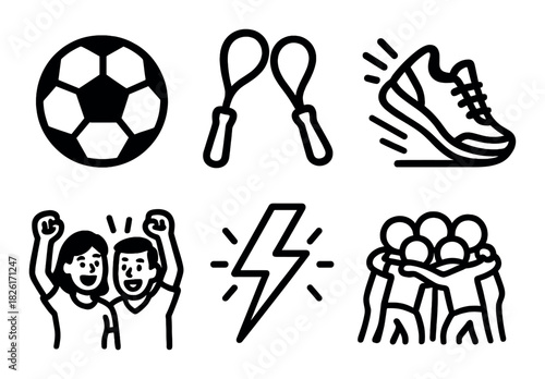 Sports equipment and team spirit icons featuring soccer ball and sneakers