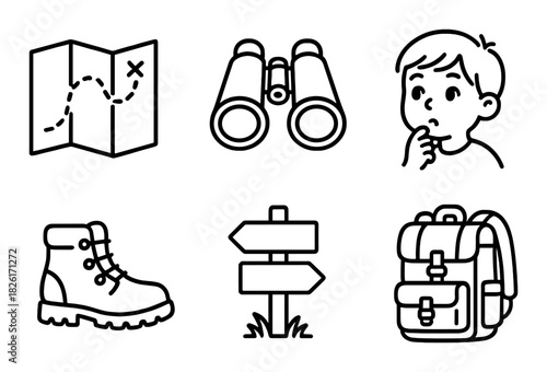 Exploration icons: map, binoculars, boy, hiking boot, signpost, backpack