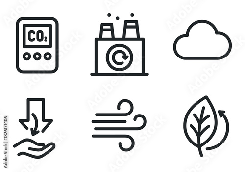 Environmental icons including co2 dashboard and renewable energy symbols on dark background