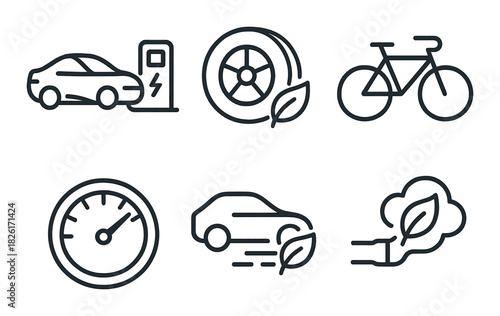 Eco-friendly transportation icons: electric car, bicycle, and sustainability symbols