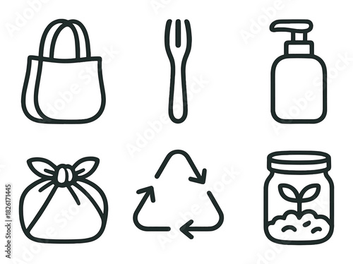Eco-friendly icons illustrating sustainable practices and zero waste lifestyle