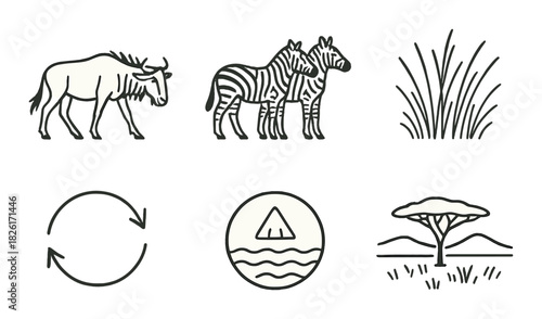 African wildlife icons: wildebeest, zebras, grass, cycle, mountain, tree