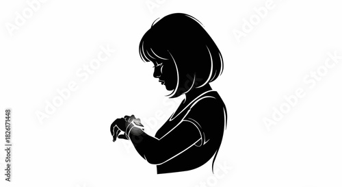 Silhouette of a woman checking her smartwatch with focused attention.