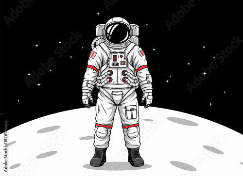 Astronaut standing on the moon in space with stars and black background concept a
