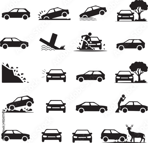 Collection of car related accidents and road incidents in black and white