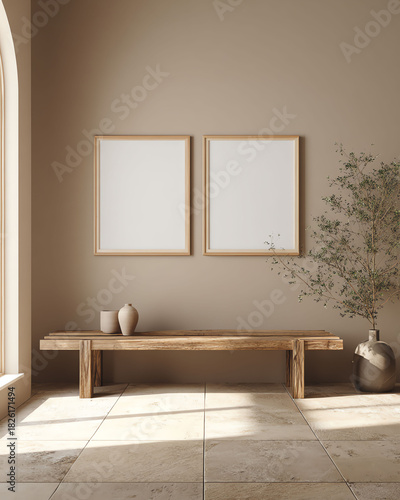 Interior with Bench, Picture Frames, and Potted Plant in Natural Light