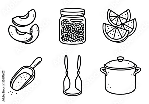 Hand-drawn kitchen icons: peaches, jar, citrus, ladle, grater, pot on dark background