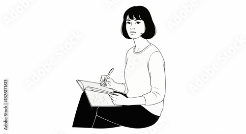 Woman with Short Hair Writing on Paper.